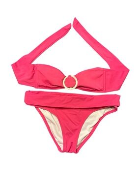 XS Vintage Victoria's Secret Bright Pink Bandeau Bikini with White Ring Accent